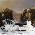 Anime warrior mural wallpaper creating drama in a modern gaming room with ambient lighting