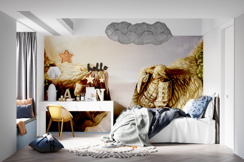 Stone warrior anime wallpaper transforming a teen bedroom with golden accents