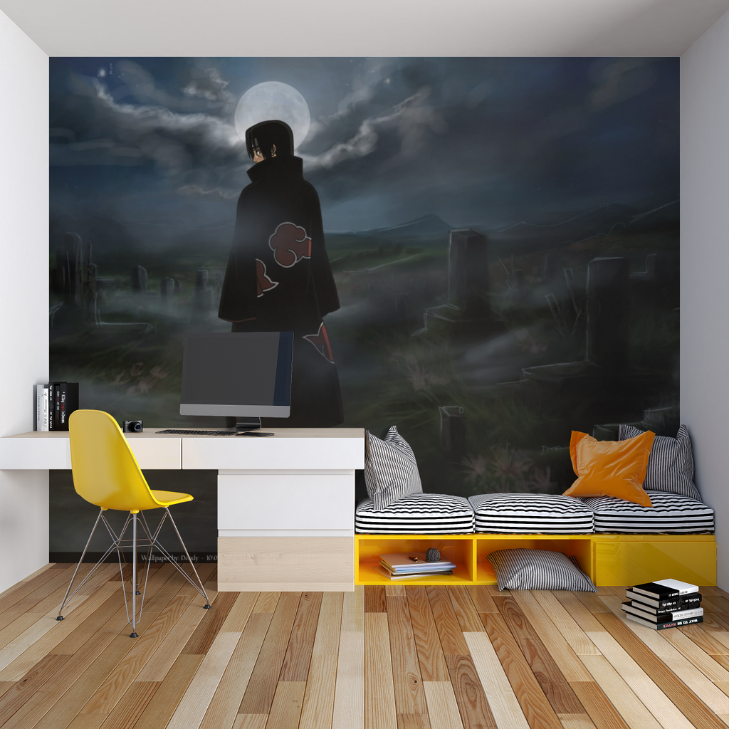 Anime wallpaper installed in minimalist home office showing scale and impact