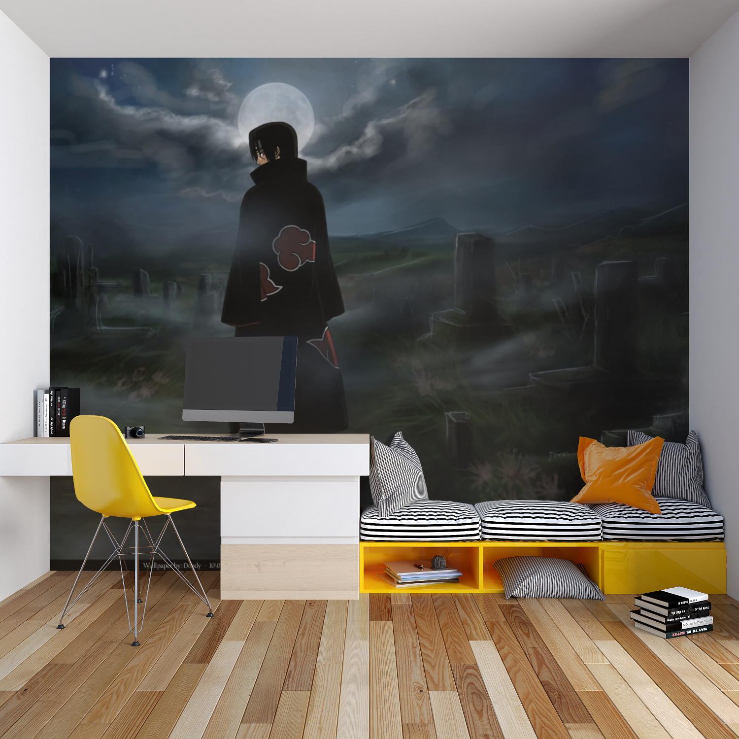 Anime wallpaper installed in minimalist home office showing scale and impact