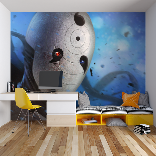 Anime masked character wallpaper in modern gaming room setup with LED lighting effects