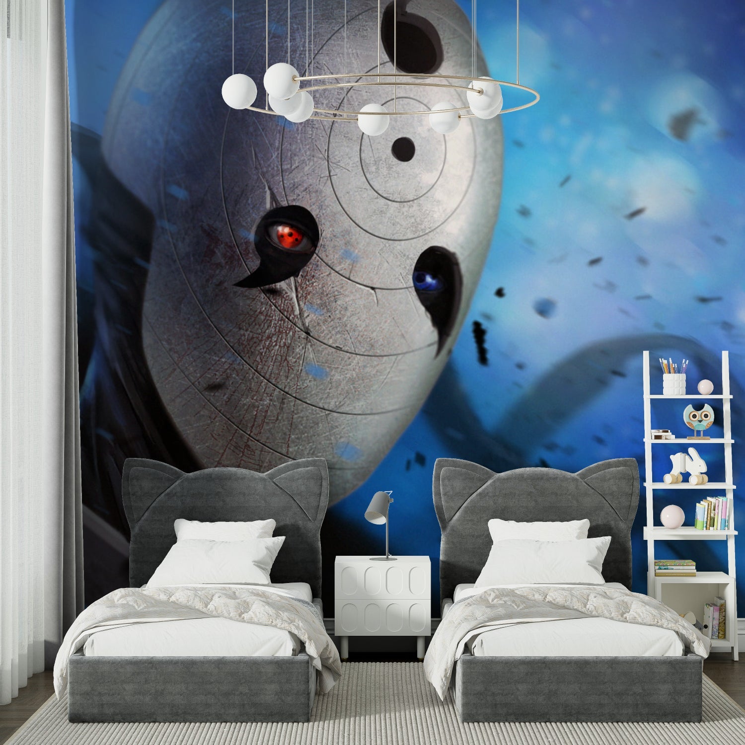 Masked character anime wallpaper in modern apartment living room