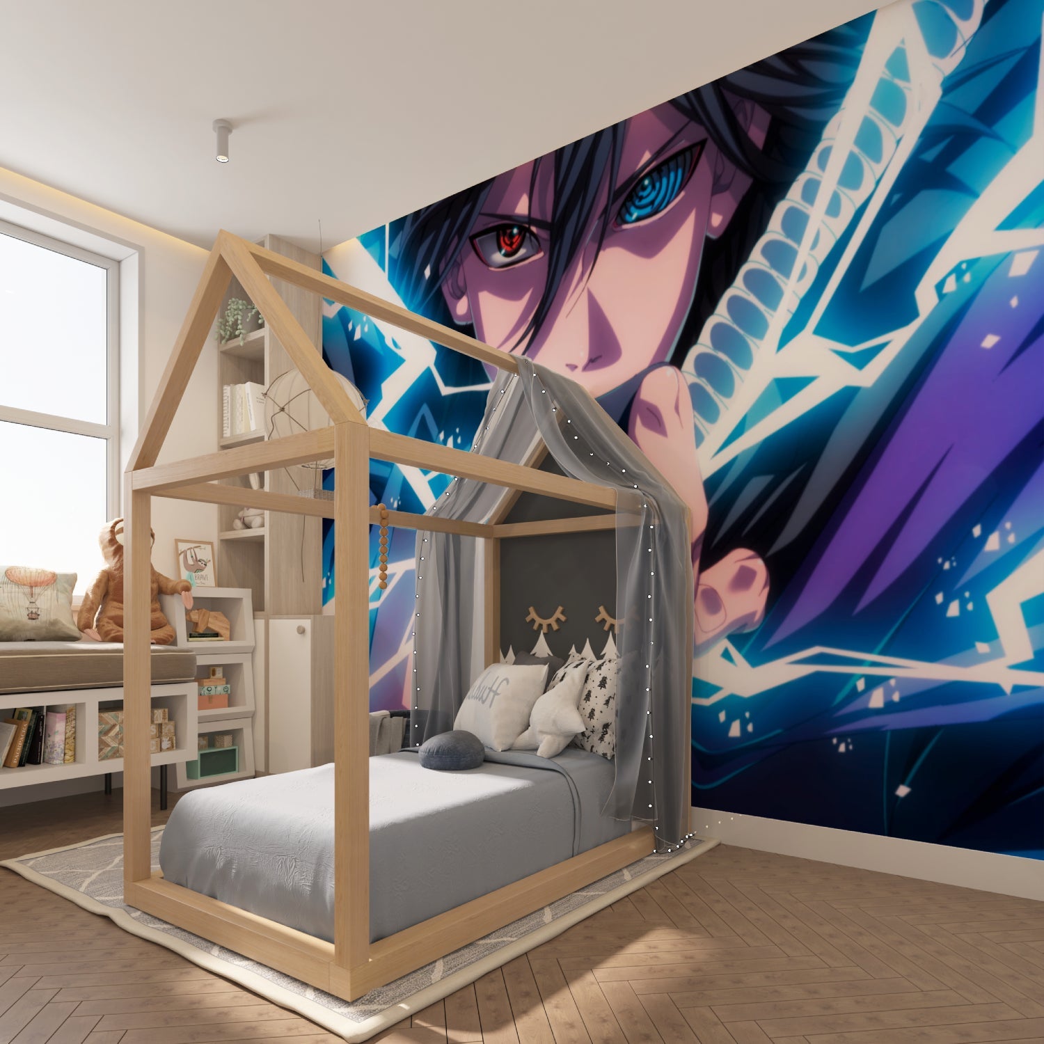 Anime warrior wallpaper with blue lightning effects making a teen bedroom look like a movie scene