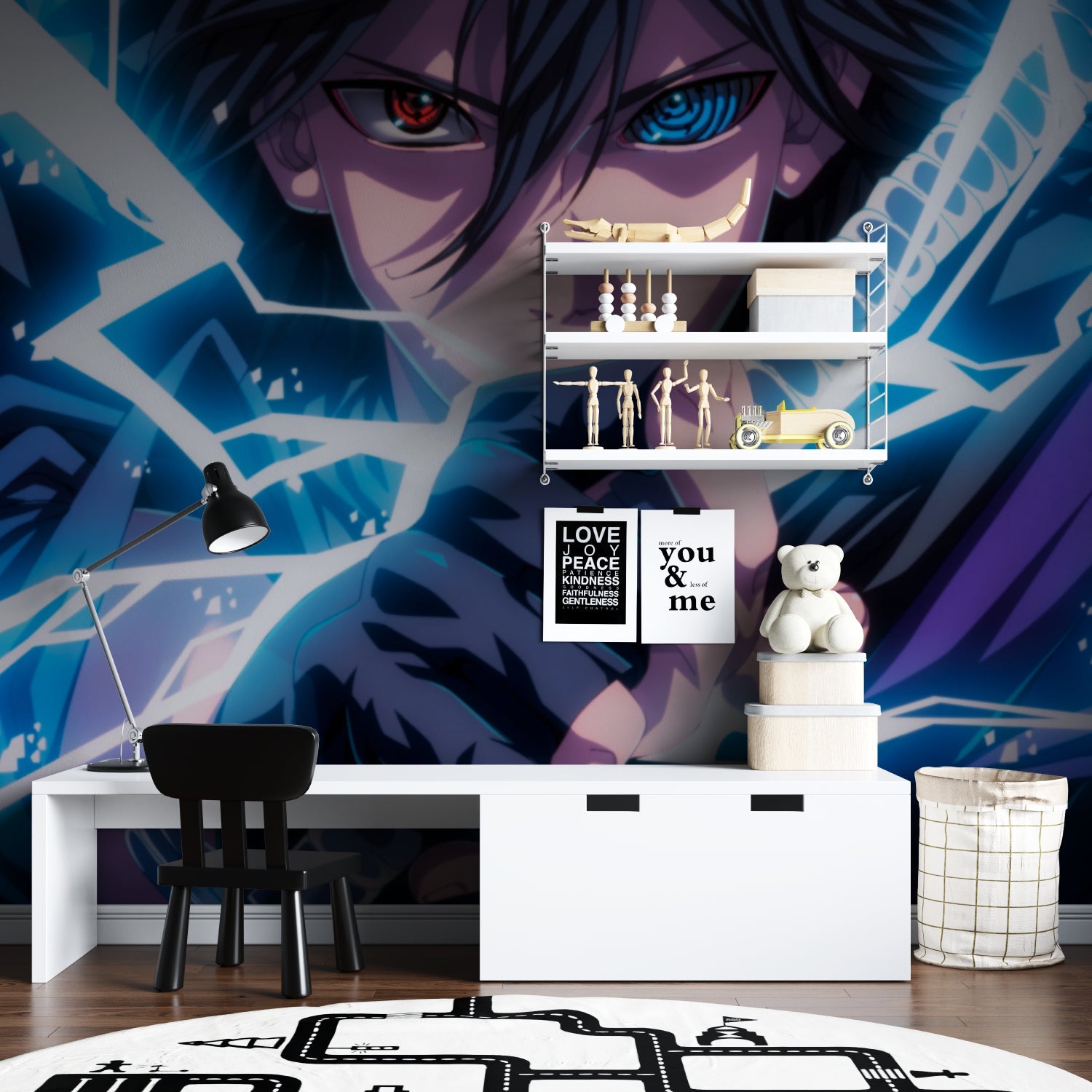 Manga style warrior wallpaper creating drama in a contemporary living room