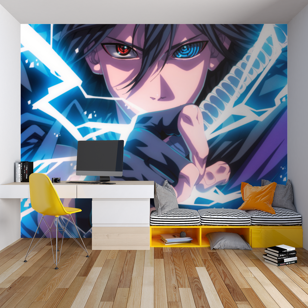 Blue lightning anime wallpaper transforming a study space with dynamic energy