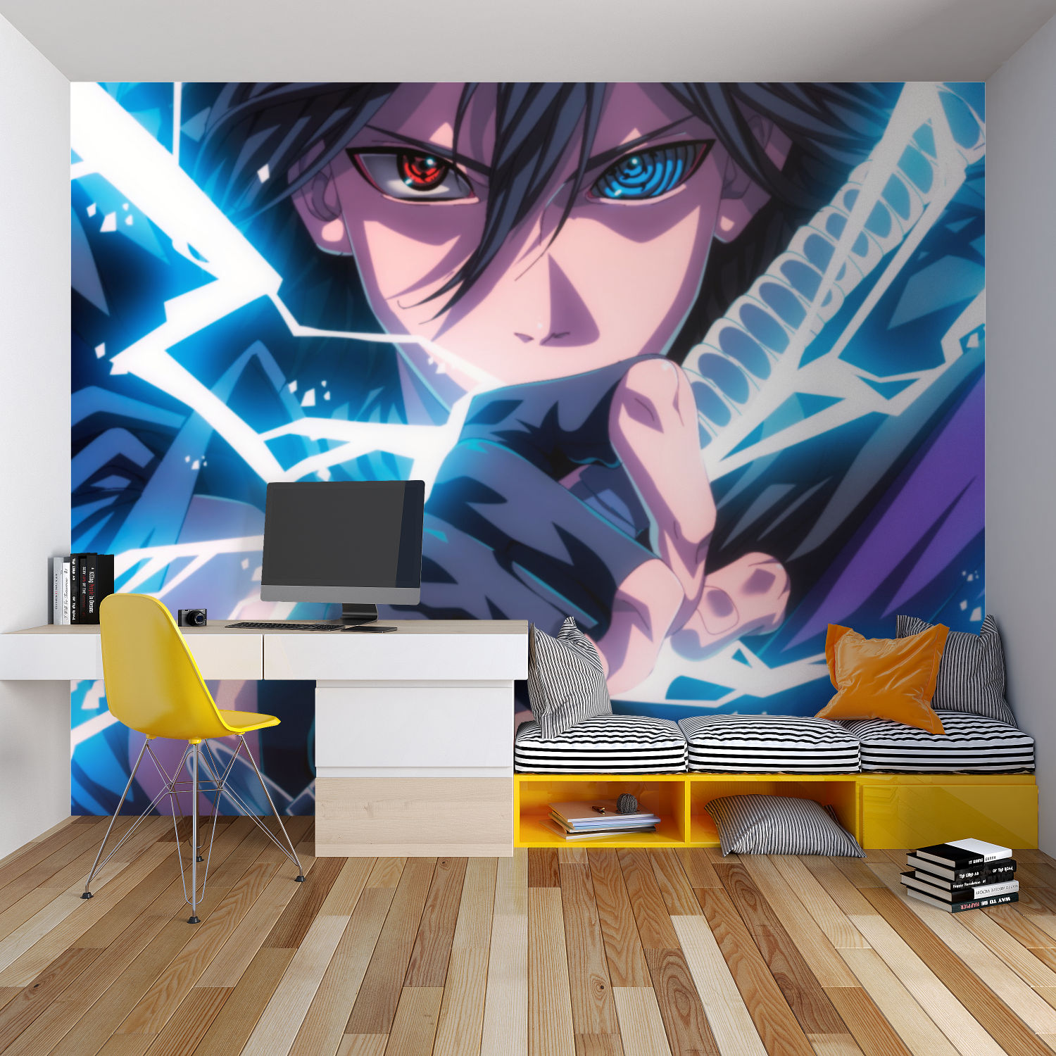 Blue lightning anime wallpaper transforming a study space with dynamic energy