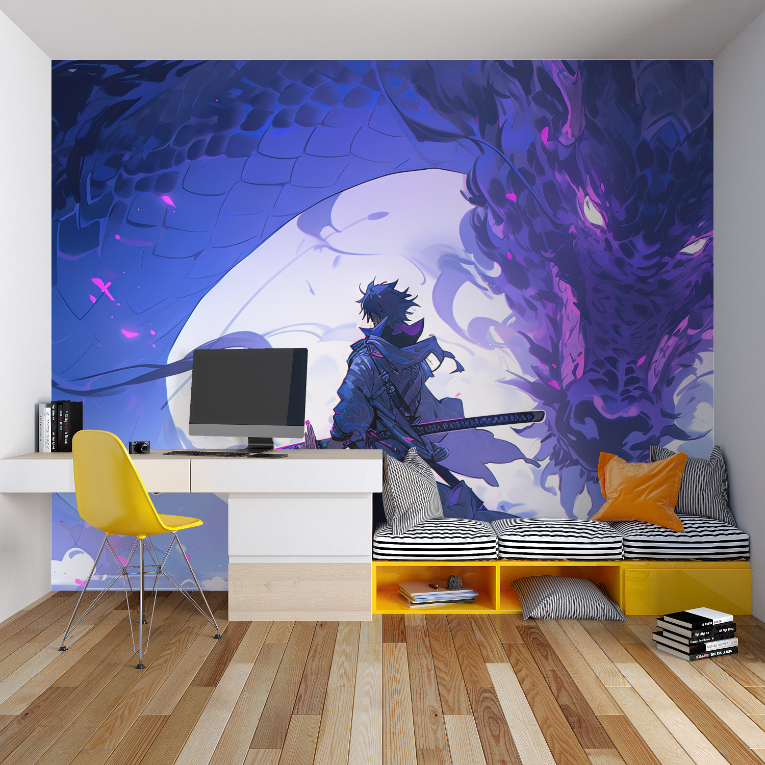 Dragon Warrior anime wallpaper making statement in minimalist entertainment room
