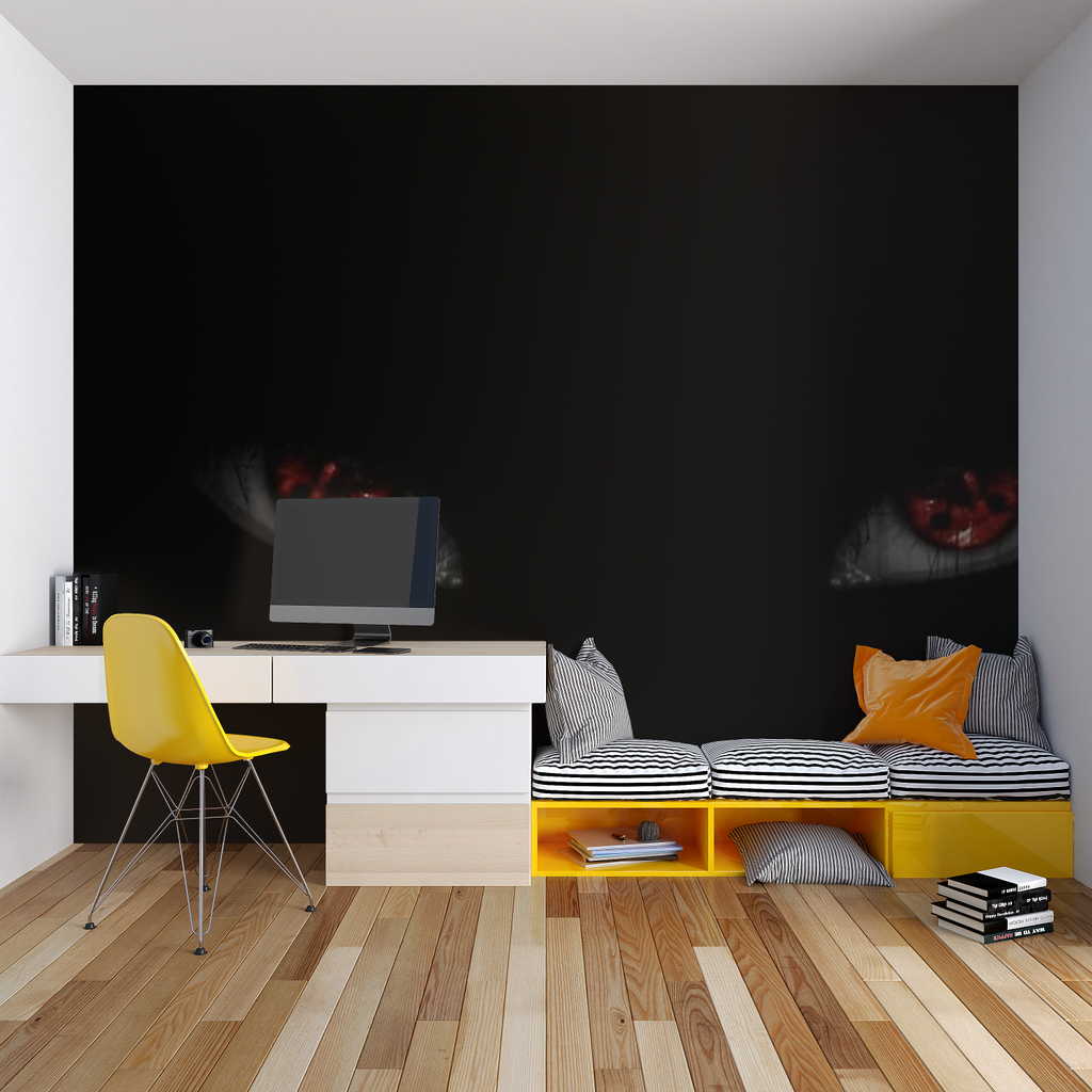 Black and red anime wallpaper in contemporary bedroom setting