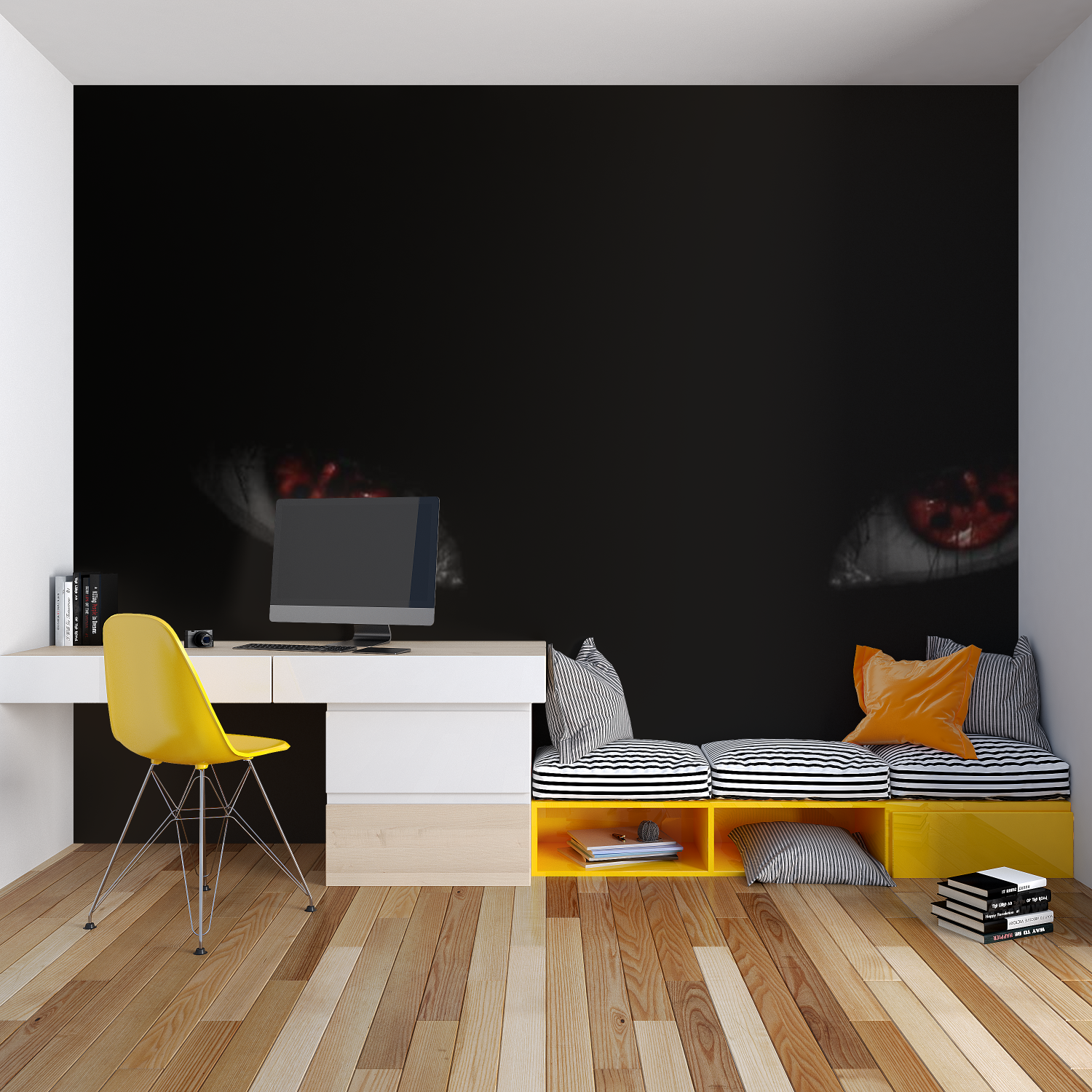 Black and red anime wallpaper in contemporary bedroom setting