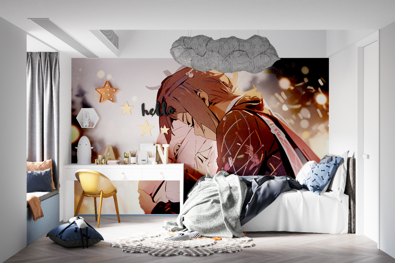 Anime wallpaper mural bringing dynamic energy to a modern teen bedroom with warm copper tones