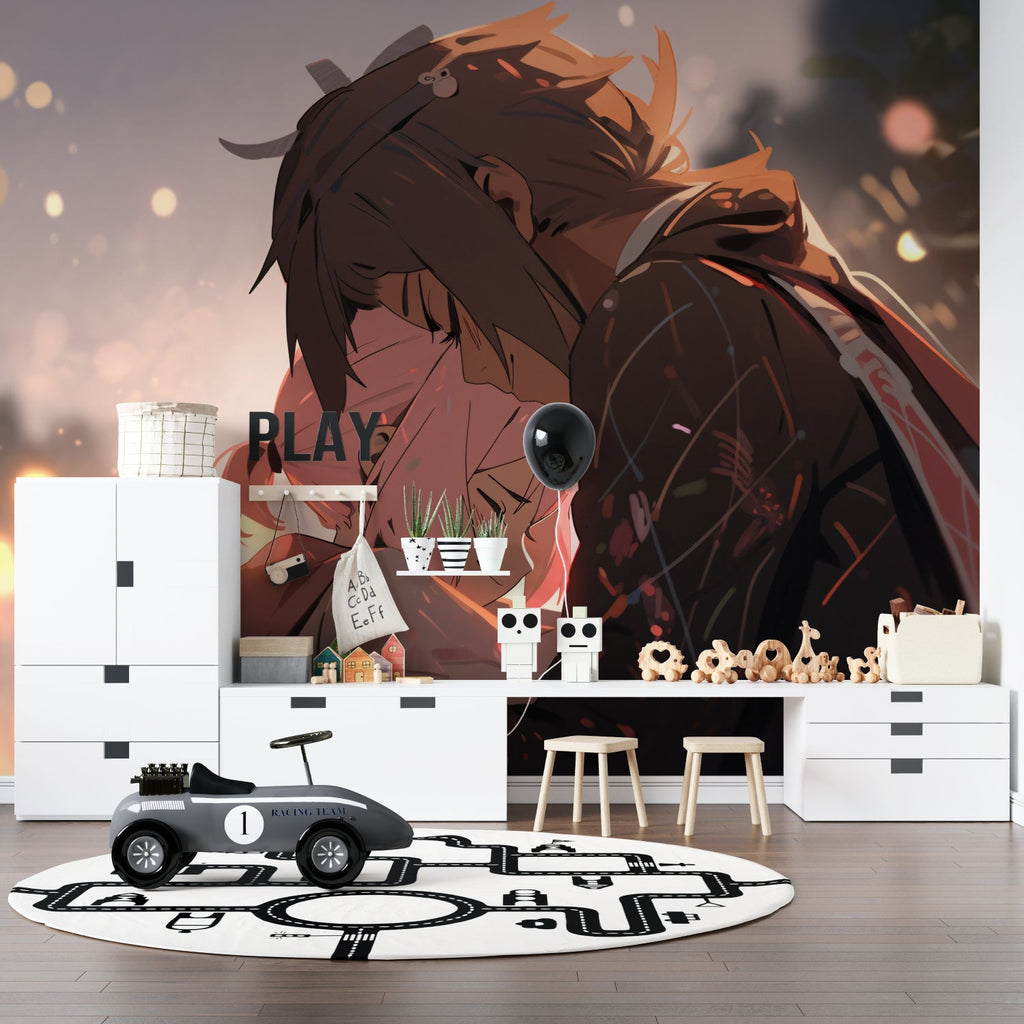 Romantic anime mural design showcasing dramatic depth in a collector's room