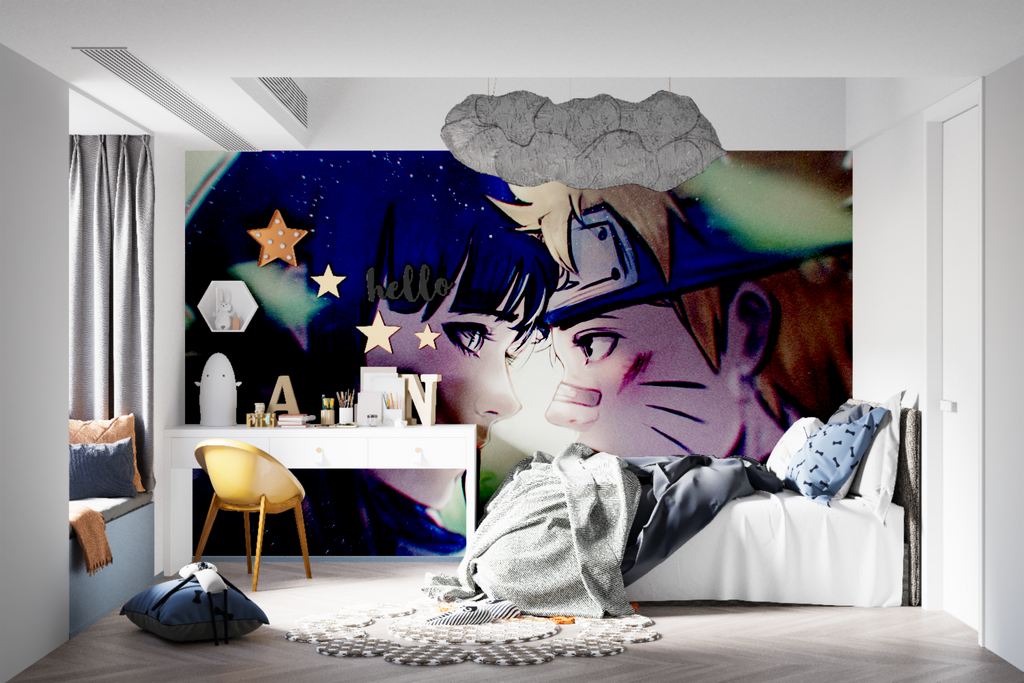 Manga wallpaper creating depth in a cozy reading nook with night theme