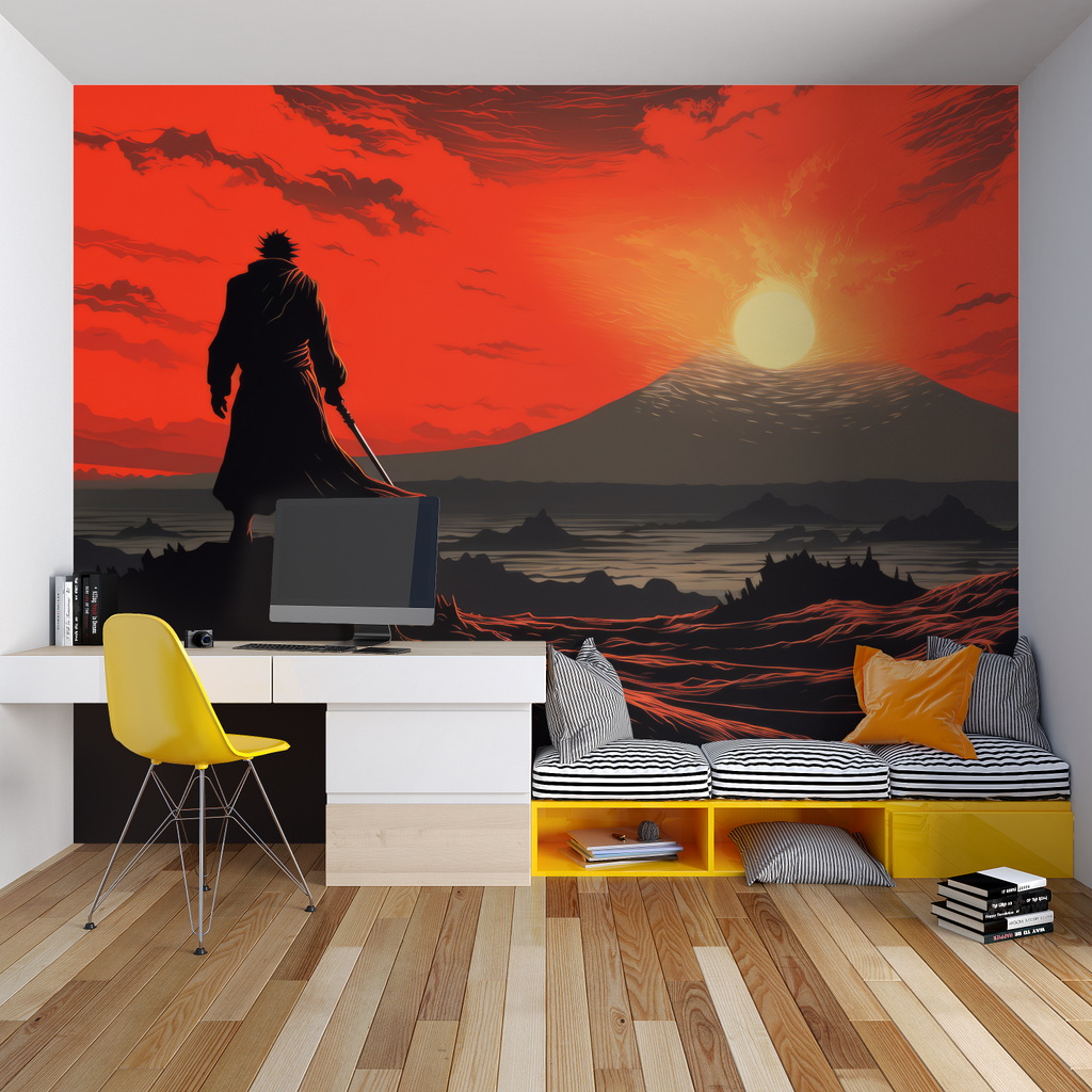 Japanese style mural in teen bedroom showing sunset samurai scene
