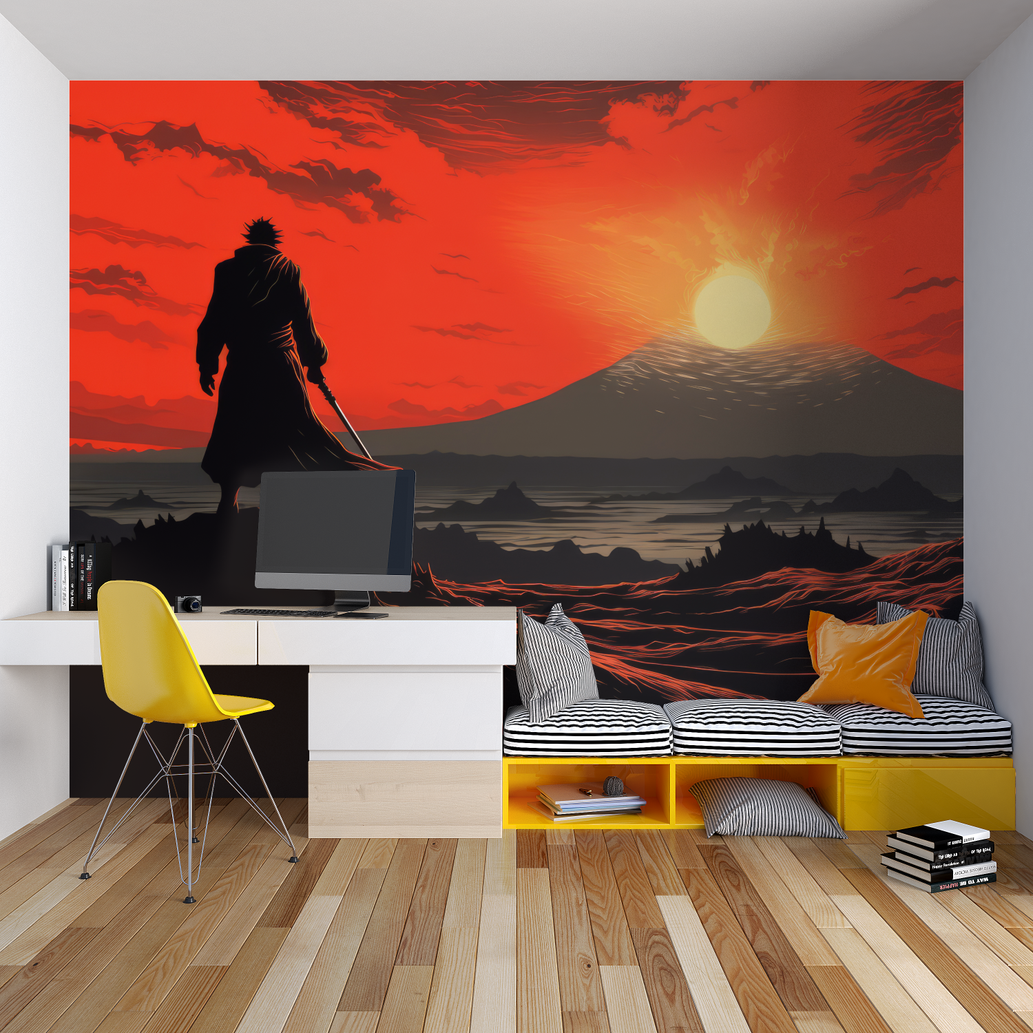 Japanese style mural in teen bedroom showing sunset samurai scene