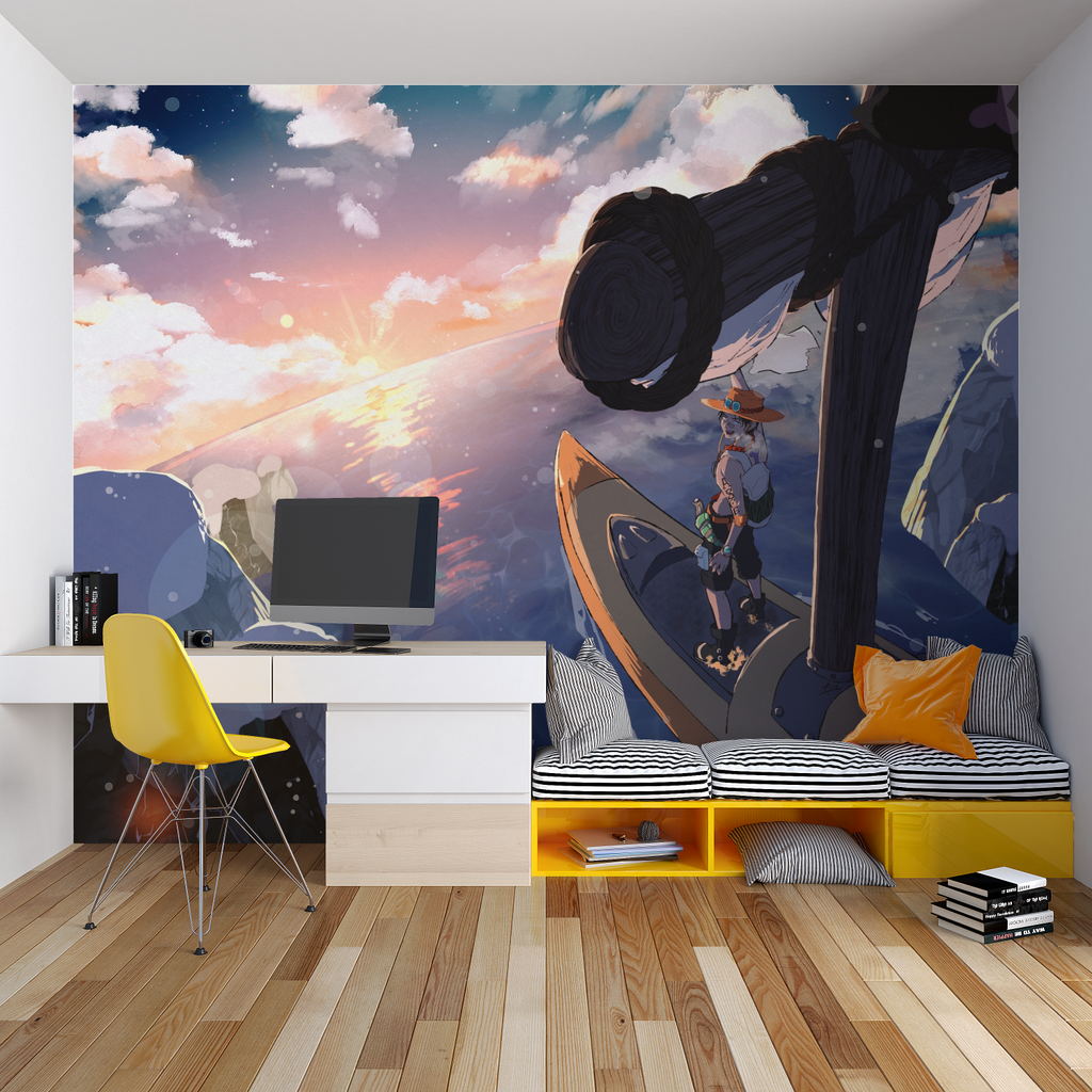 Sunset anime wallpaper bringing warmth to a minimalist bedroom design