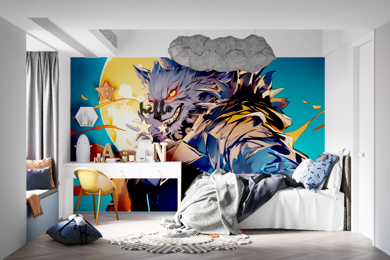 Anime Wolf Mural Wallpaper creating bold impact in modern gaming room with LED lighting