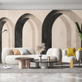 Modern arch wallpaper in a bright living room showing dramatic black and beige pattern creating depth