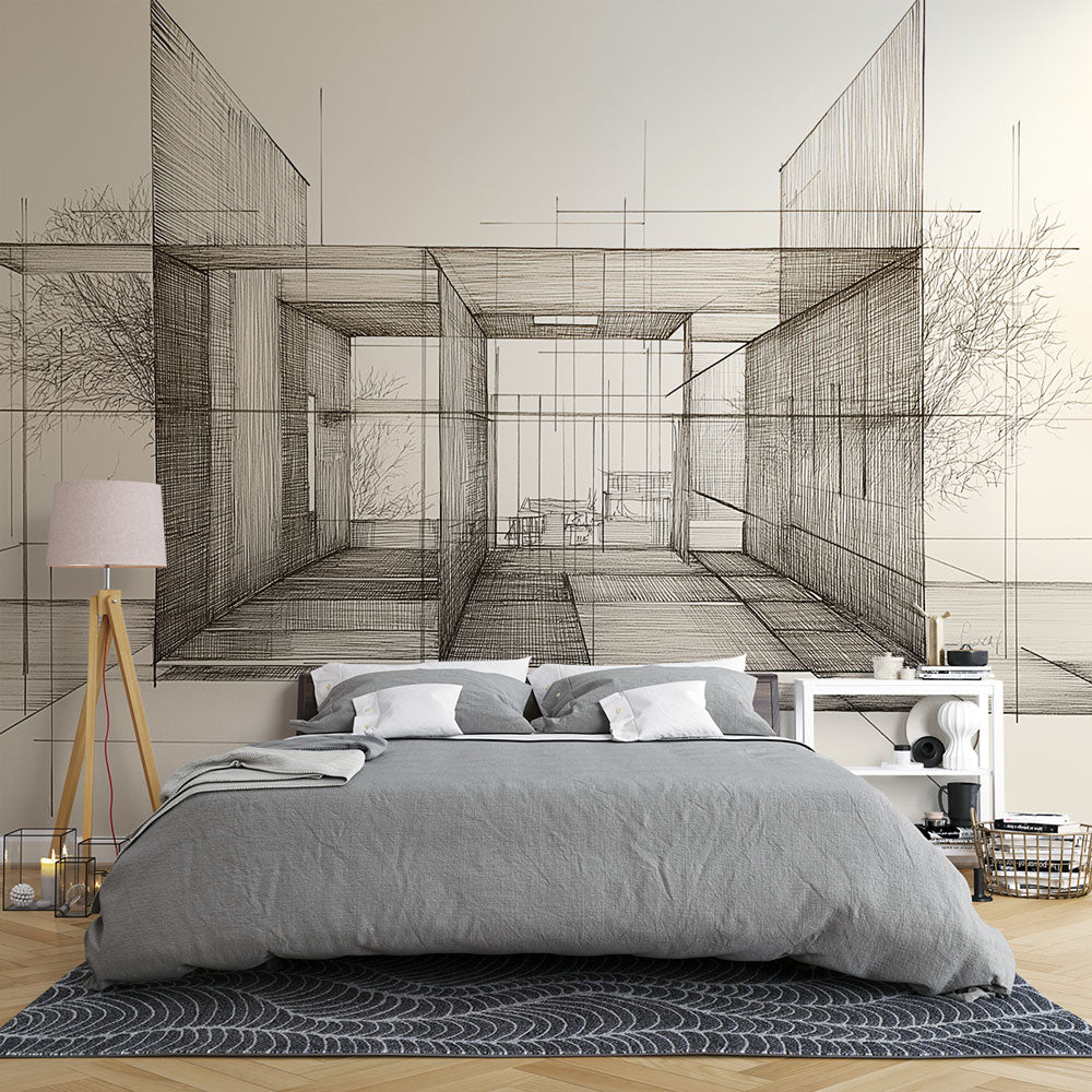 Modern architectural perspective wallpaper creating depth in a minimalist living room with natural light