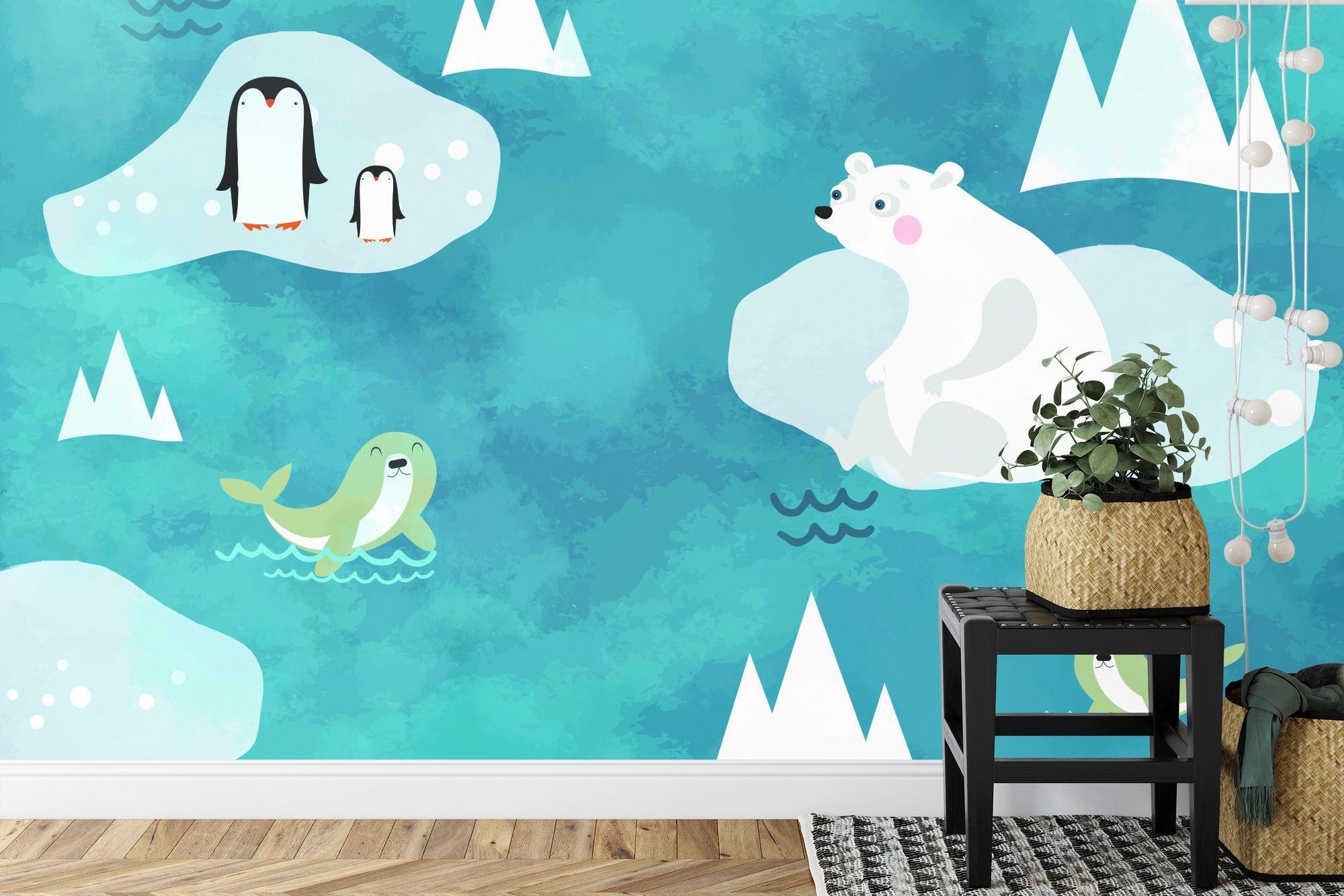 Arctic animals wallpaper creating a cozy atmosphere in a modern nursery with soft lighting