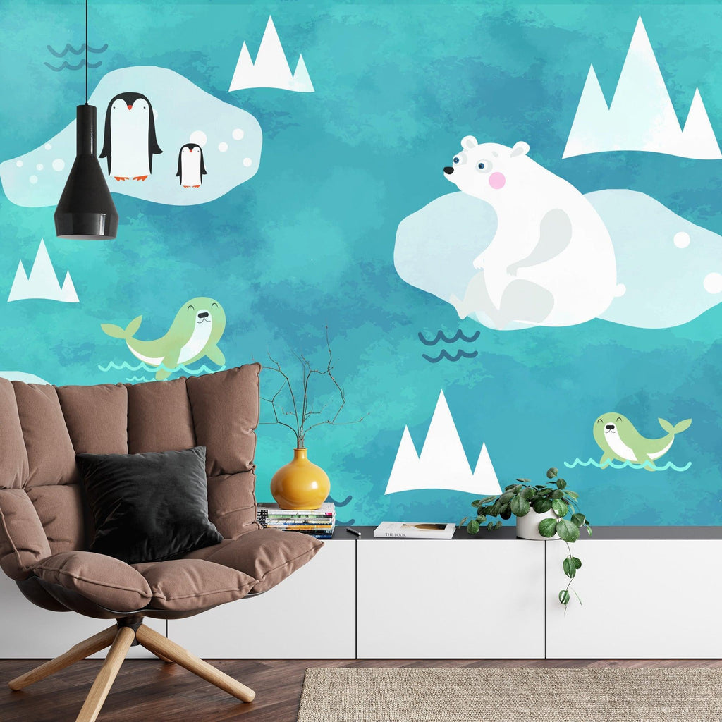 Marine animals mural installed in a coastal-style children's bedroom