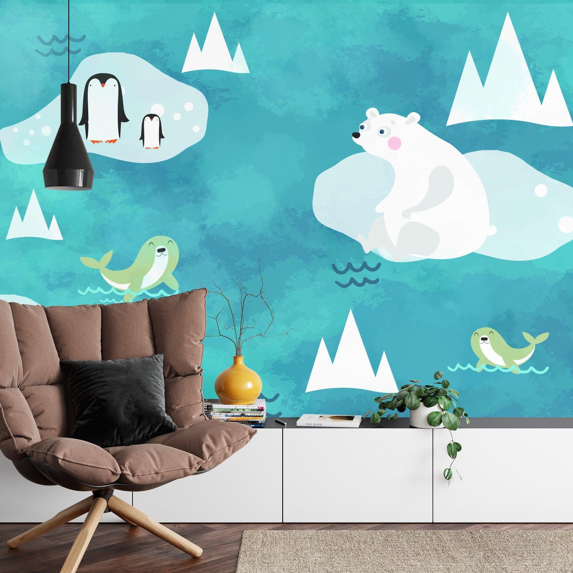 Marine animals mural installed in a coastal-style children's bedroom