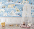 Polar bear wallpaper mural styled in a cozy nursery with white furniture and soft lighting