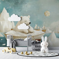 Arctic bear wallpaper in cozy nursery with rocking chair and soft lighting