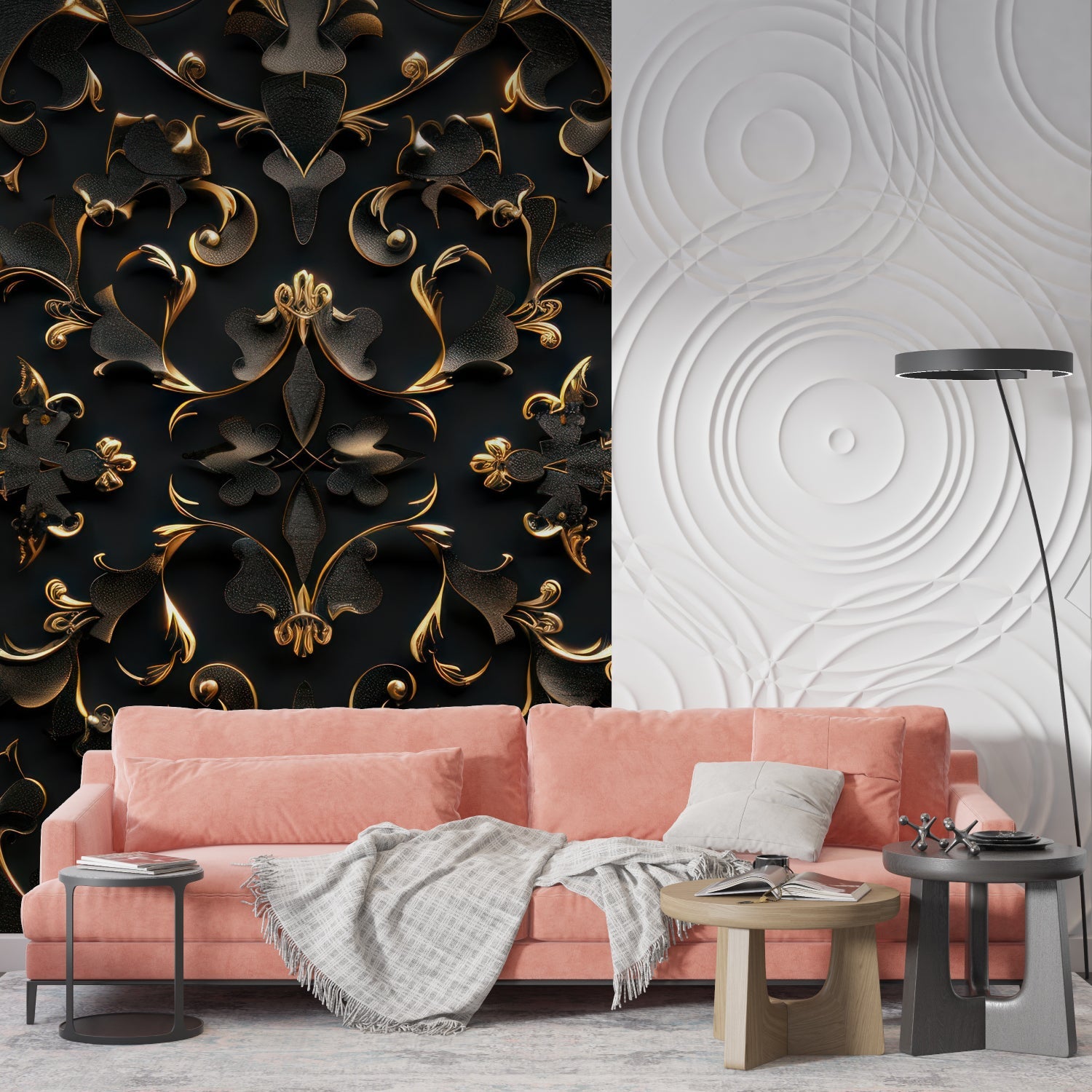Art deco wall mural showcased in luxury dining room with gold accents