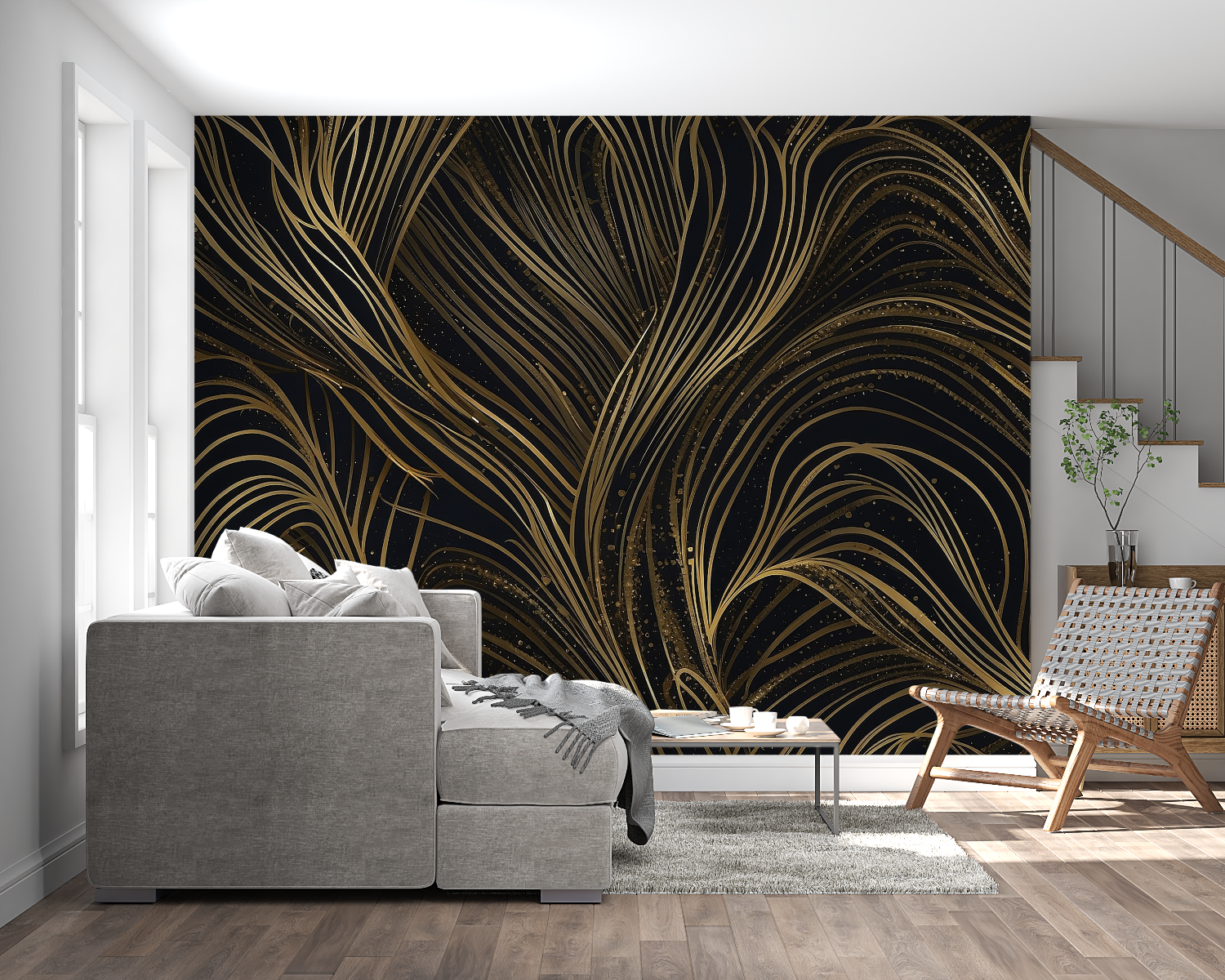 Black and gold curved pattern featured in modern office space