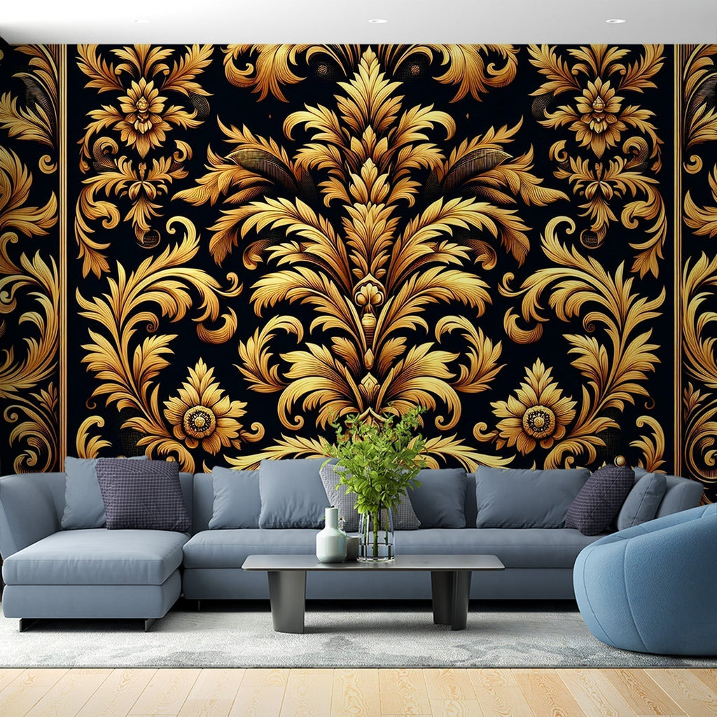 Black and gold damask wallpaper creating a stunning accent wall in a modern dining room with crystal chandelier