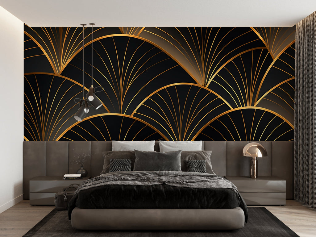 Art deco black and gold fan pattern wallpaper in modern dining room with crystal chandelier