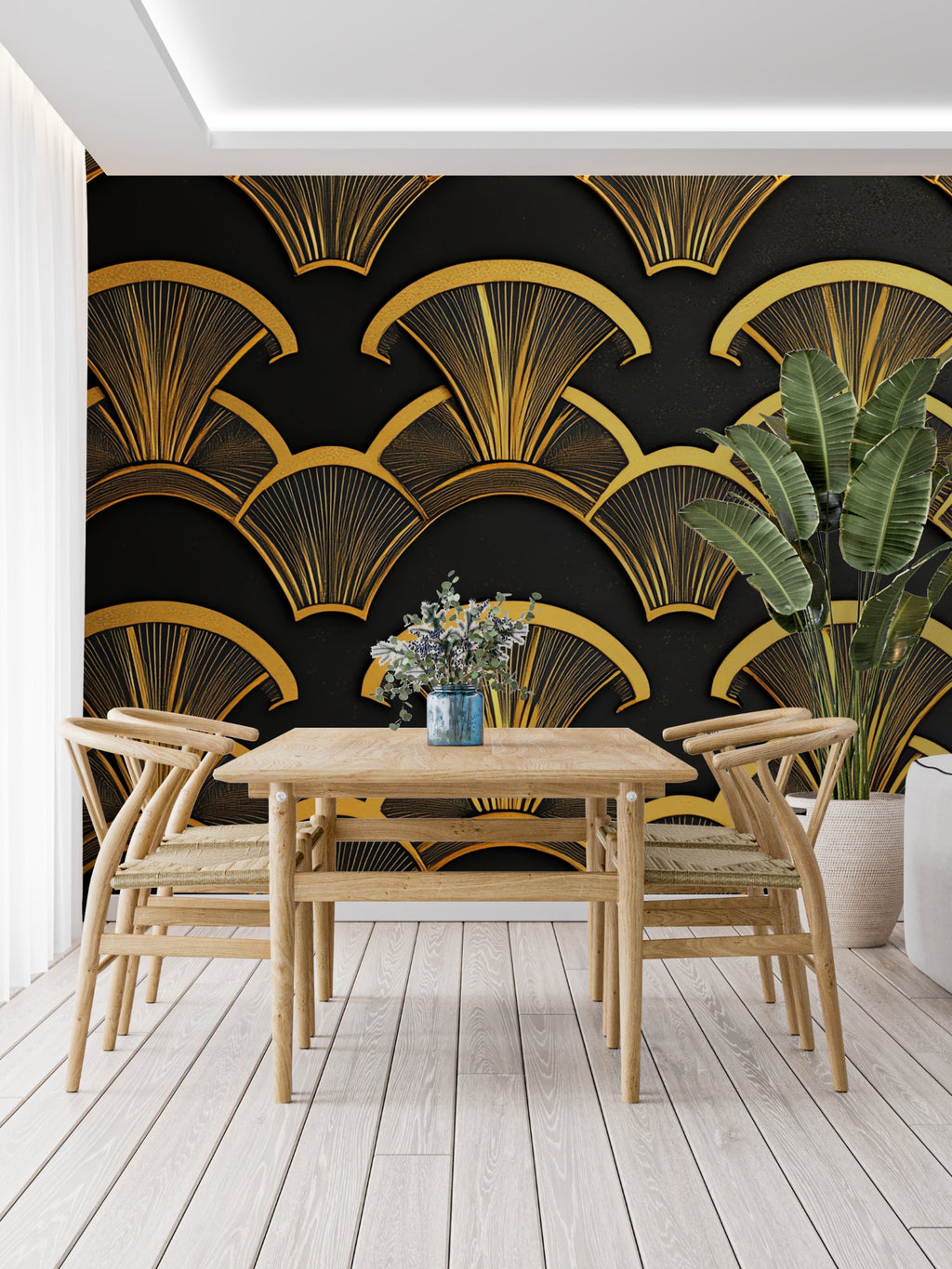 Art deco fan pattern wallpaper making statement wall in master bedroom with crystal chandelier