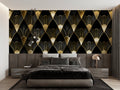 Black and gold art deco wallpaper in modern dining room with crystal chandelier