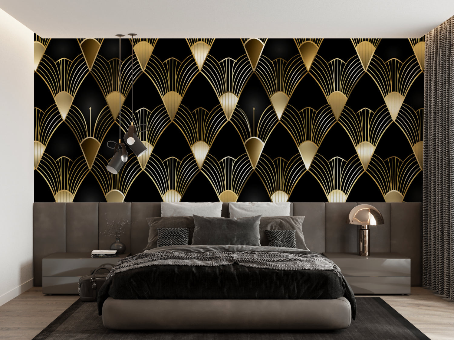 Black and gold art deco wallpaper in modern dining room with crystal chandelier