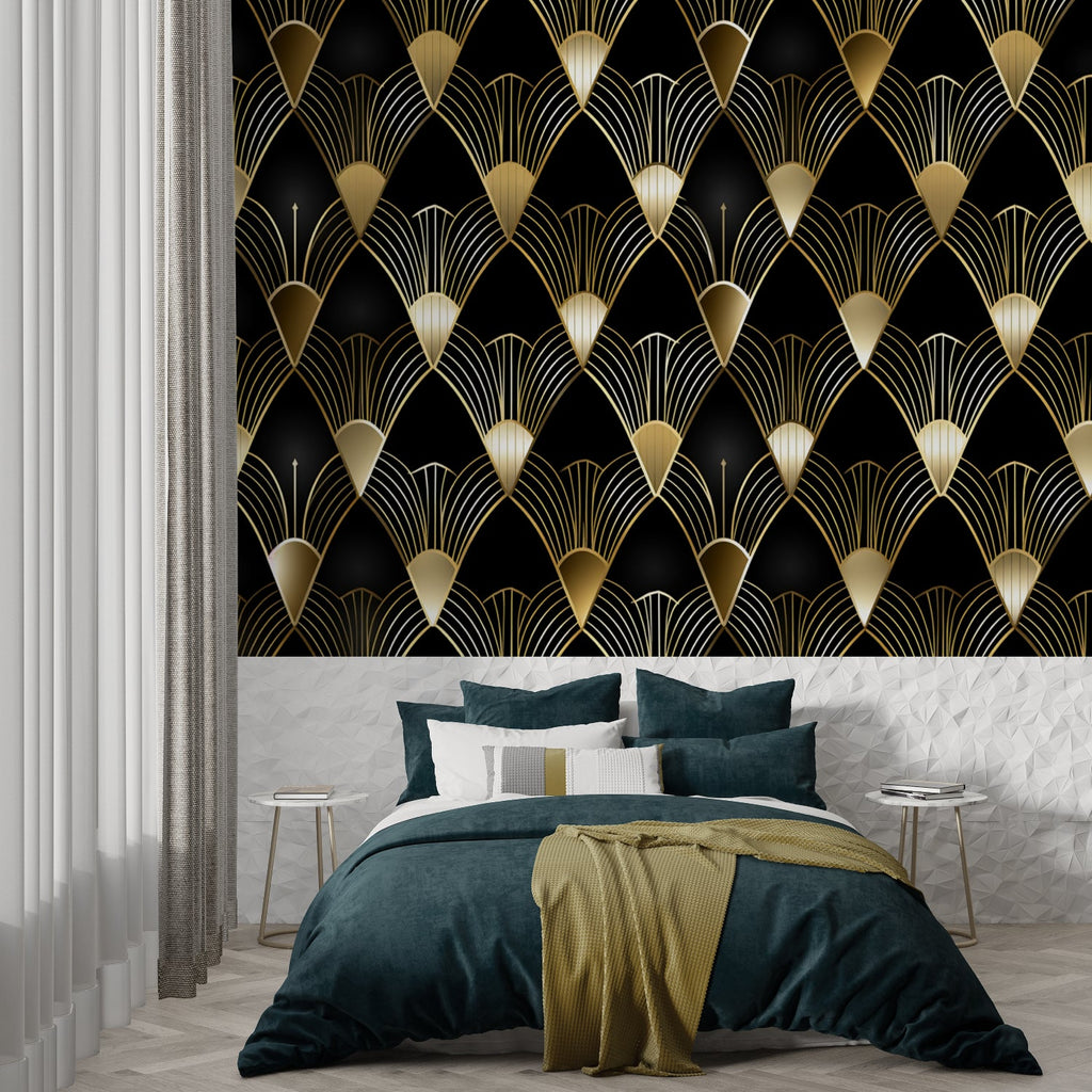 Black and gold fan pattern adding elegance to home office space