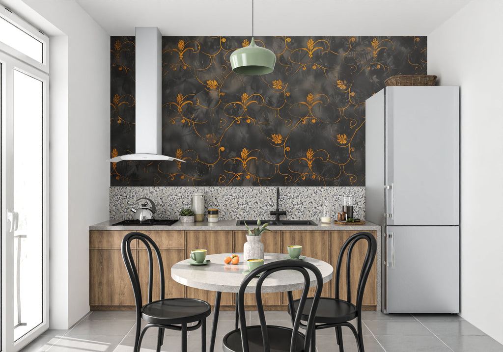 Luxury black and gold art deco wallpaper creating drama in a master bedroom