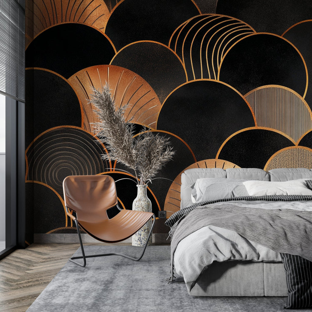 Art deco black and gold wallpaper in modern living room with grey sofa and brass accents