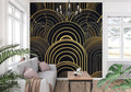 Art deco black and gold wallpaper in modern dining room with crystal chandelier