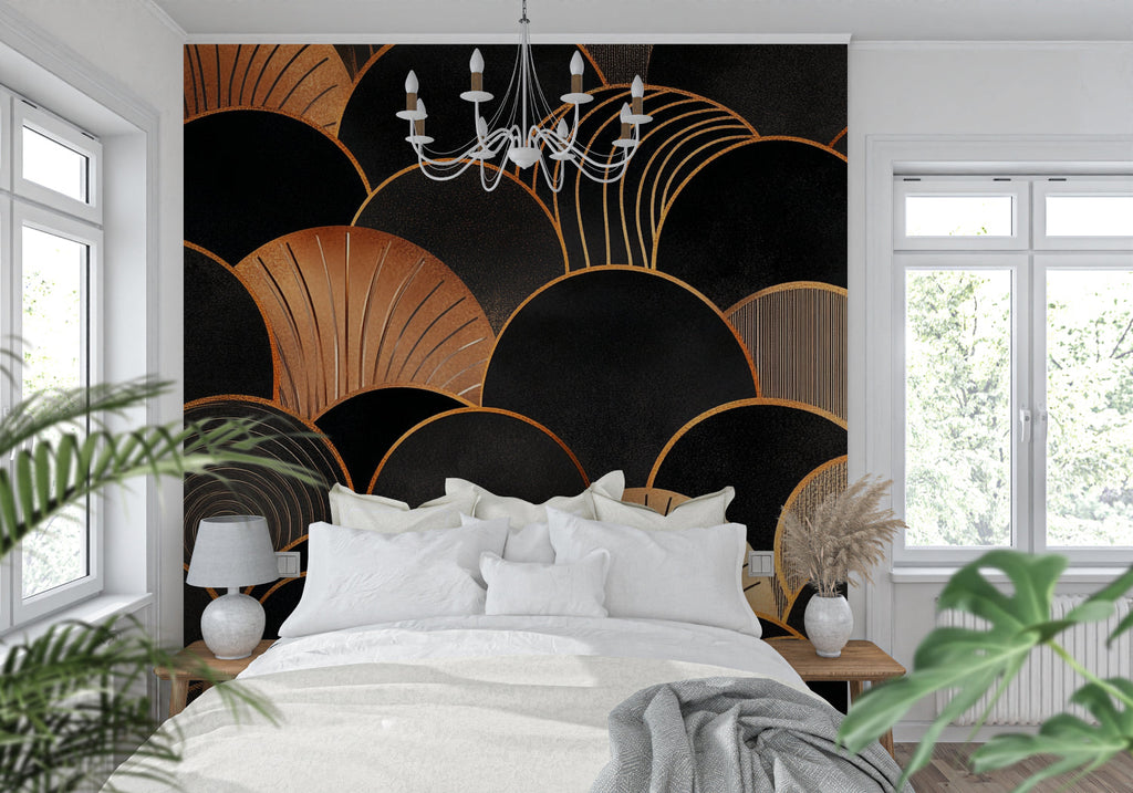 Geometric art deco wallpaper creating drama in dining room with crystal chandelier