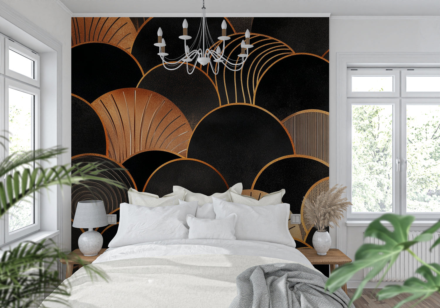 Geometric art deco wallpaper creating drama in dining room with crystal chandelier