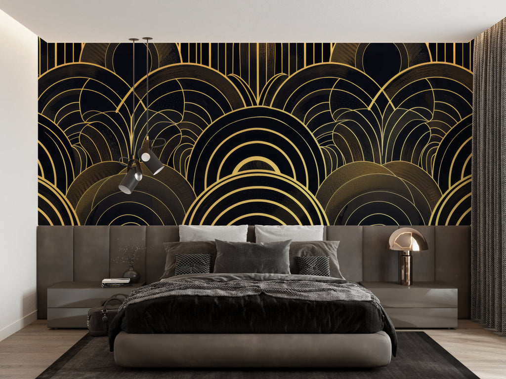 Geometric art deco wallpaper creating drama in luxury master bedroom