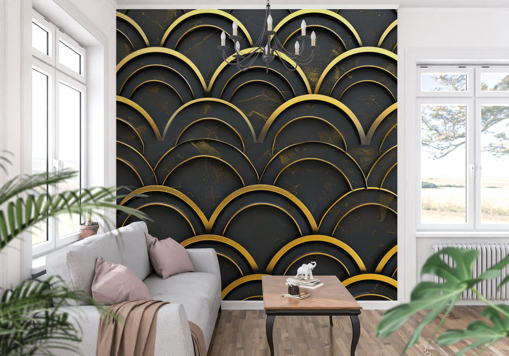 Art deco wallpaper with gold arches making a statement in master bedroom