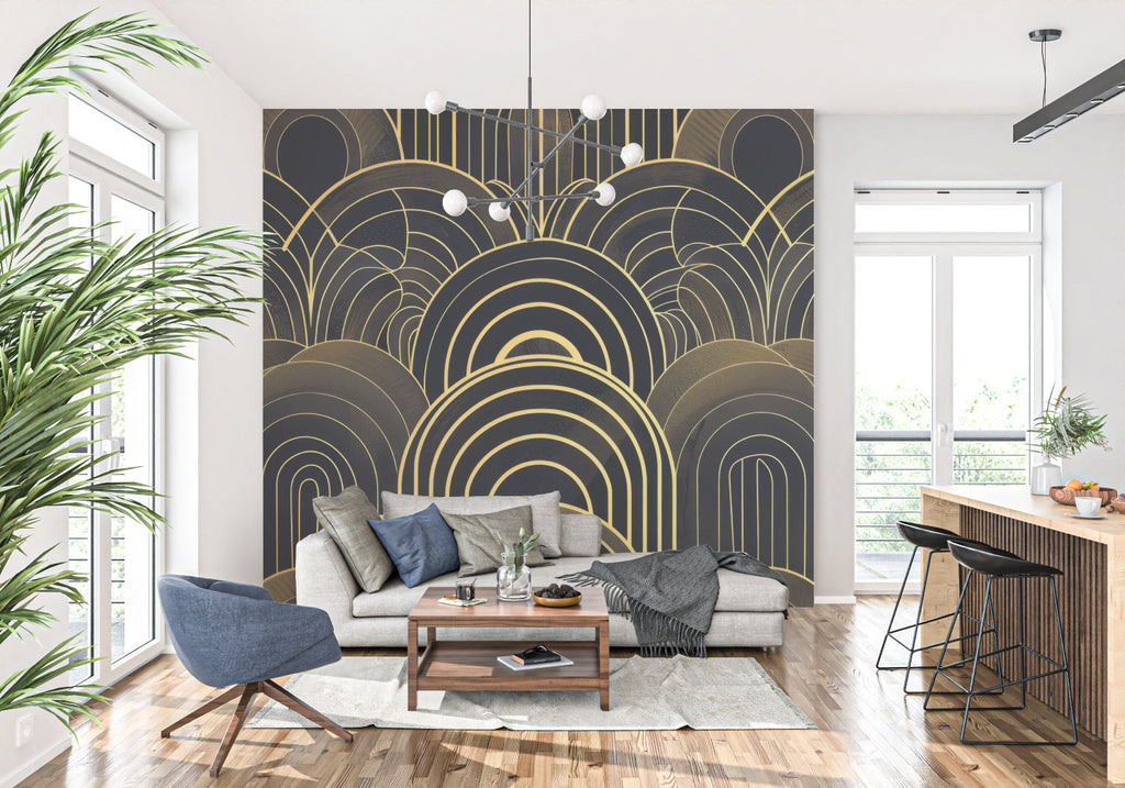 Black and gold geometric pattern mural in contemporary living room setting
