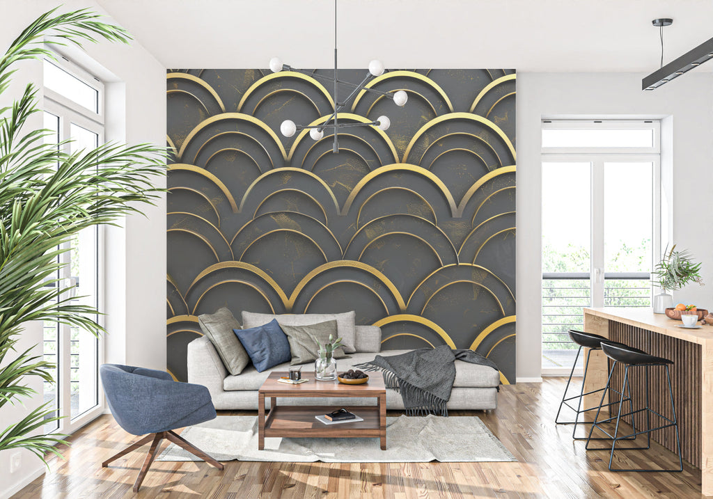 Black and gold geometric pattern adding luxury to a hotel lobby