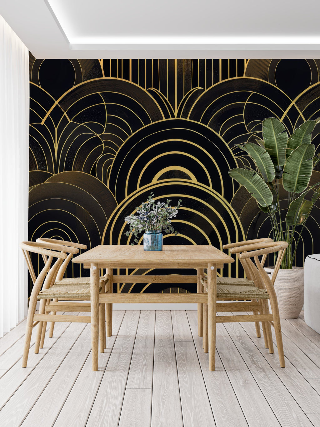 Art deco wall mural showcased in upscale hotel lobby with modern furniture