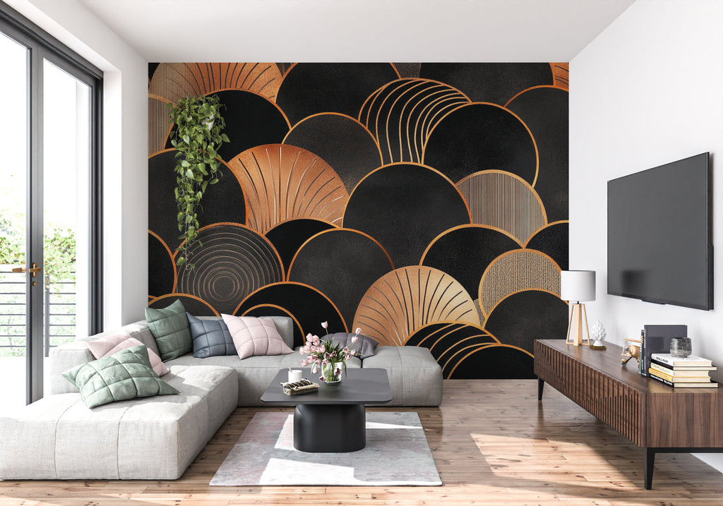 Sophisticated black and gold wallpaper in boutique hotel entrance