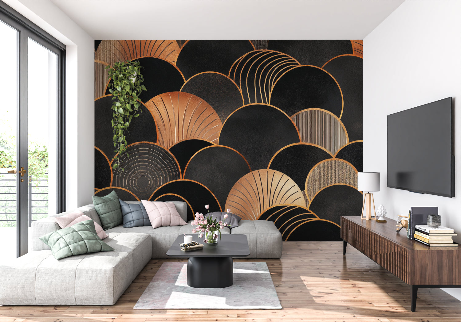 Sophisticated black and gold wallpaper in boutique hotel entrance
