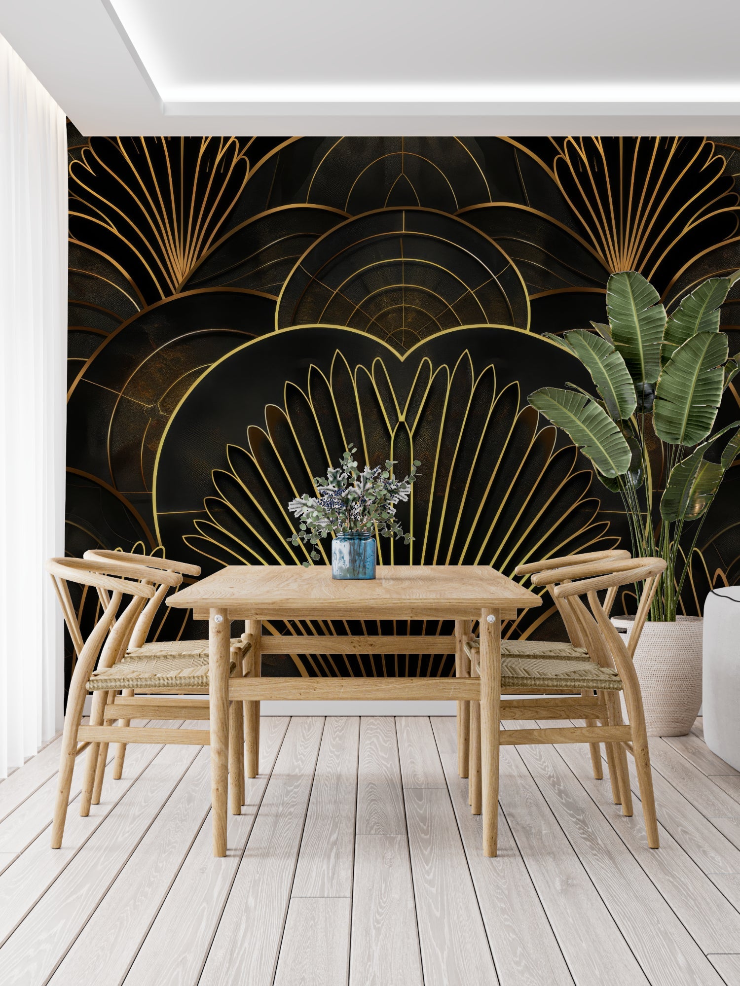 Art deco black and gold fan pattern wallpaper in modern living room with velvet sofa