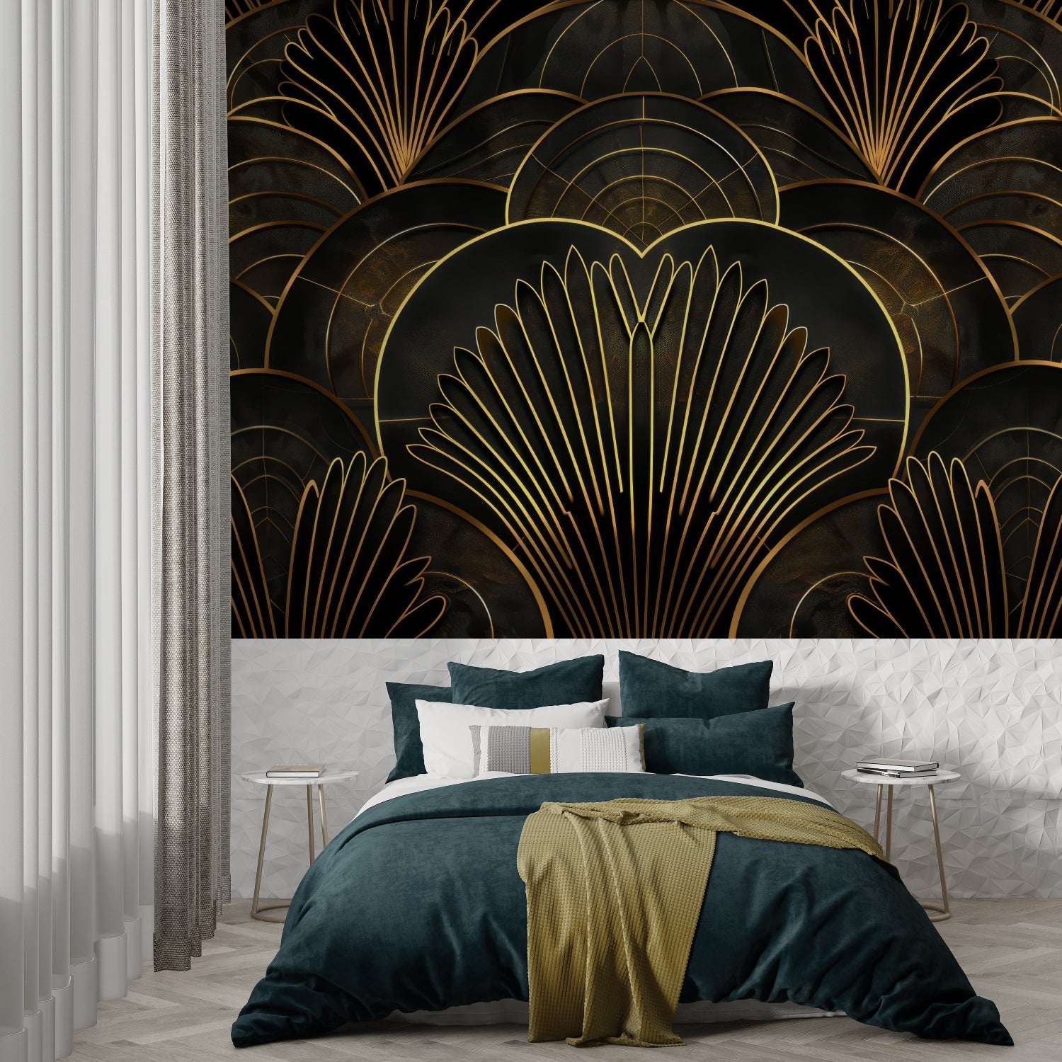 Art deco fan pattern wallpaper in master bedroom with gold accents