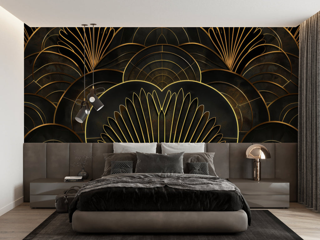 Geometric wallpaper creating statement wall in home office space